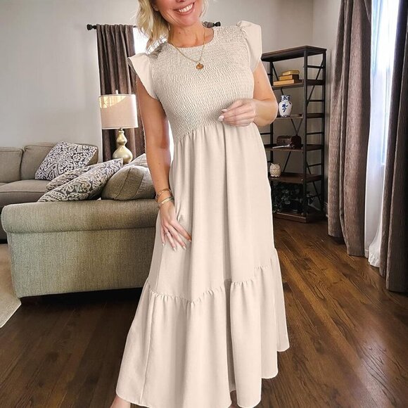 Women's Cotton Maxi Dress with Pockets Ruffle Sleeve Smocked Casual Style - Picture 2 of 5